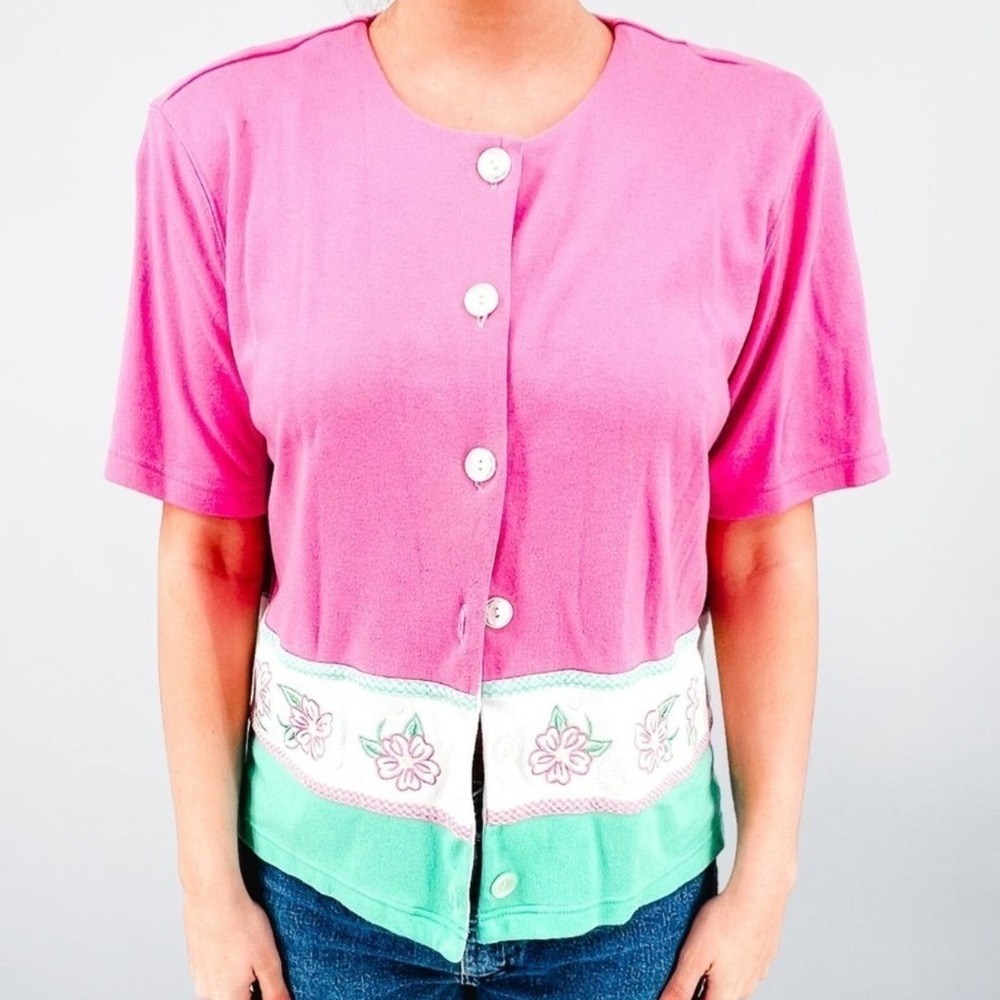 Vintage Napa Valley Pink Floral Embroidered Colorblock Button Front Top Large